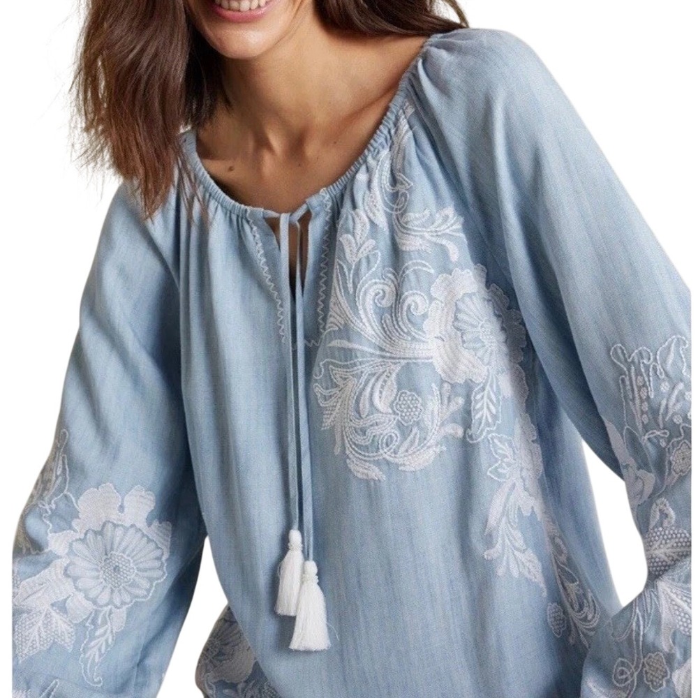 Soft Surroundings Embroidered Blouse Womens LG Diya Floral Blue Chambray Peasant